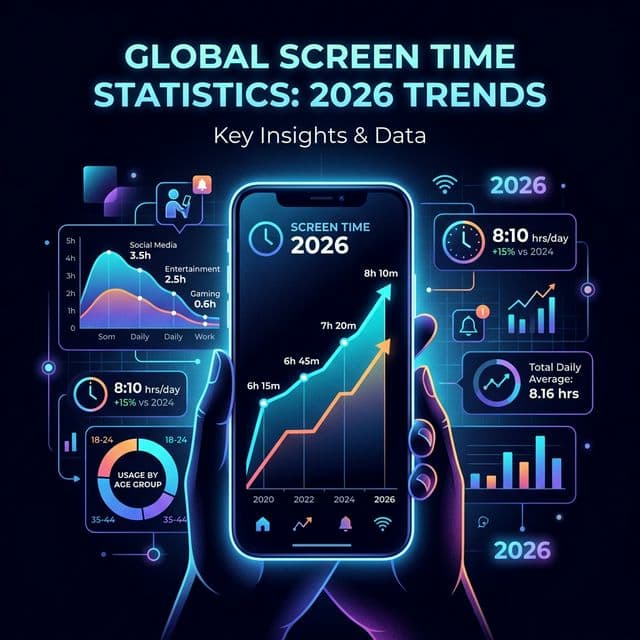 Screen time statistics infographic showing average daily phone usage in 2026