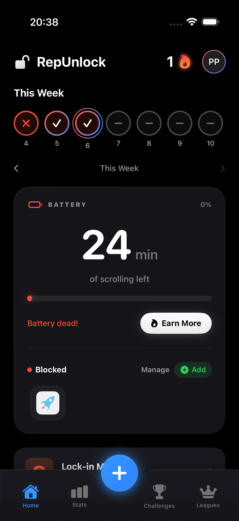 RepUnlock app showing blocked apps, screen time battery, and exercise tracking